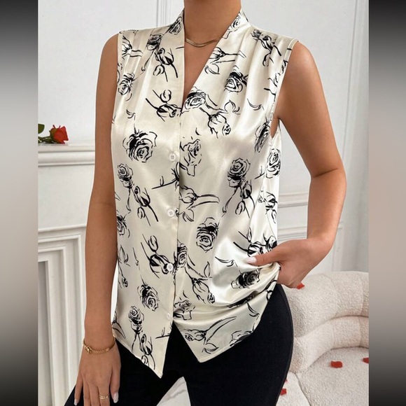 Classic Elegant Rose Floral Print Sleeveless V Neck Button Down Shirt Top Blouse - Picture 4 of 4